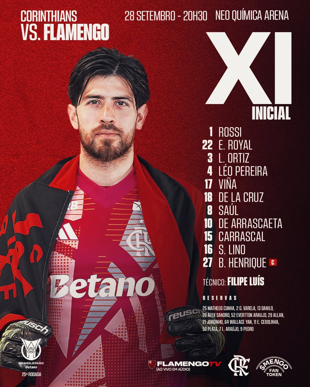 Flamengo divulga escalação para jogo contra o Corinthians