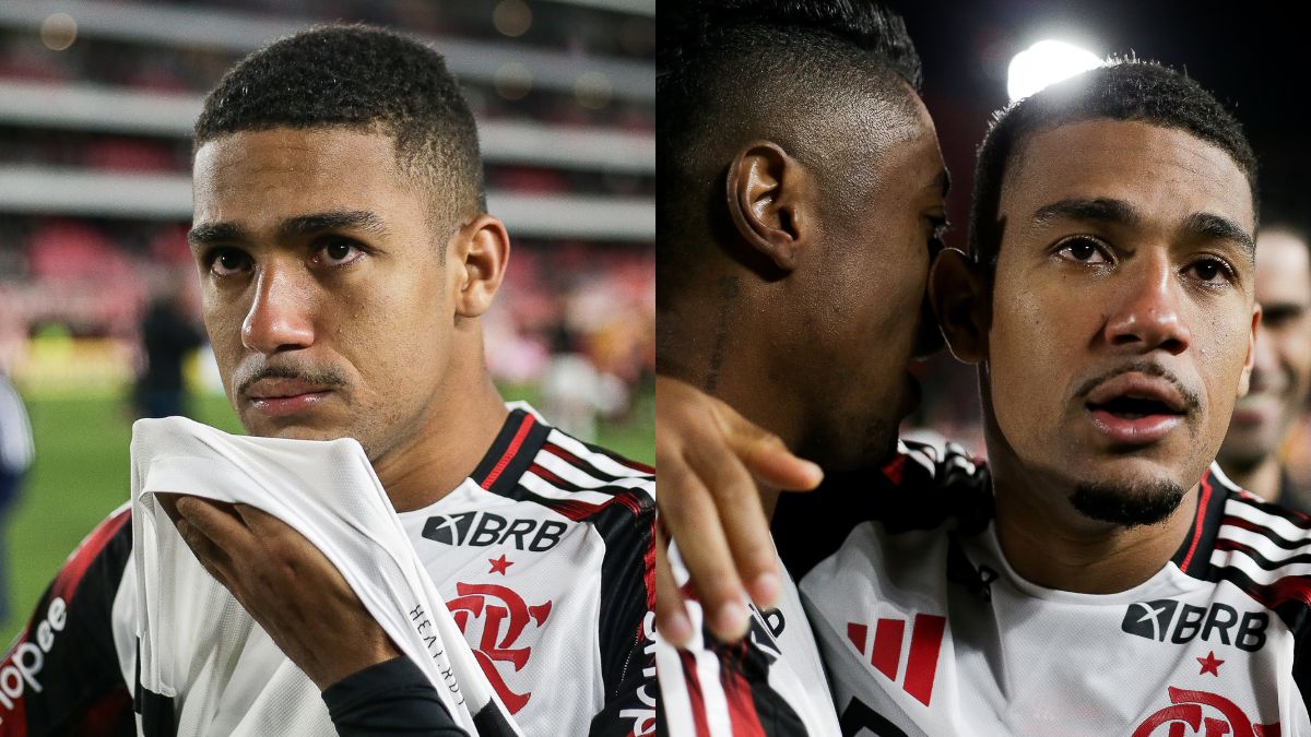 Samuel Lino 'cai' no choro após classificação do Flamengo na Libertadores
