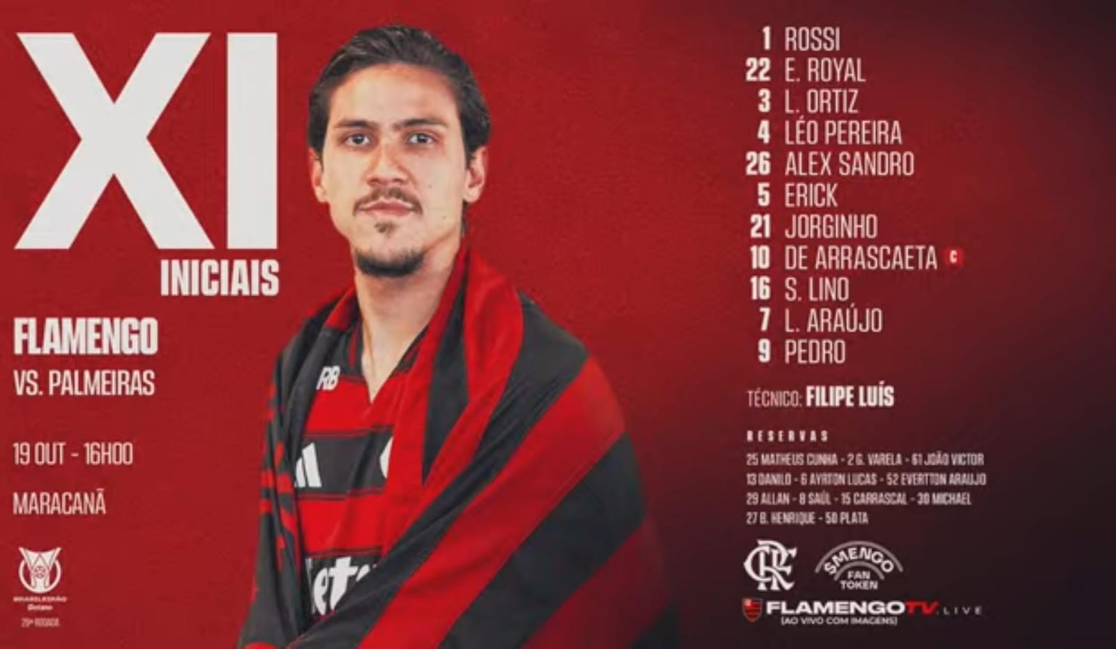 Flamengo divulga escalação para confronto direto com o Palmeiras