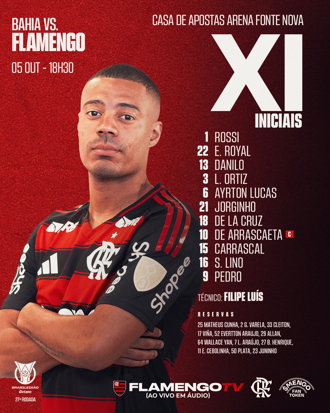 Flamengo divulga escalação para jogo de hoje contra o Bahia