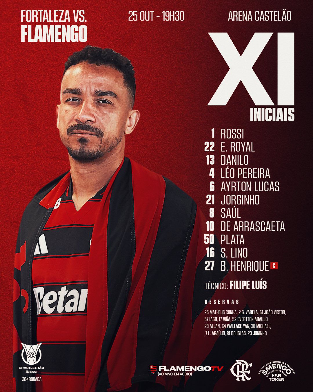 SAIU! Com Saúl, Filipe Luís define escalação para jogo do Flamengo x Fortaleza