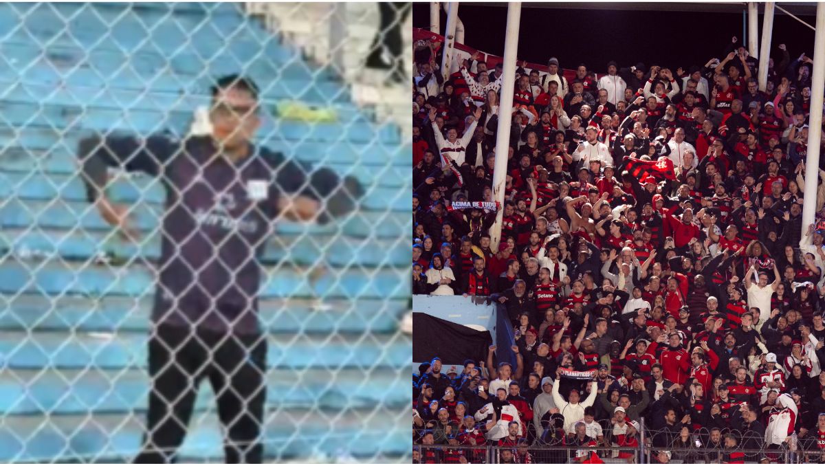 Torcedor do Racing faz gestos racistas para torcida do Flamengo