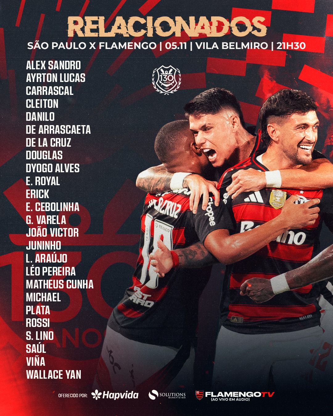 Com Carrascal e Cebolinha, Flamengo divulga lista de relacionados para jogo contra o São Paulo, pelo Brasileirão