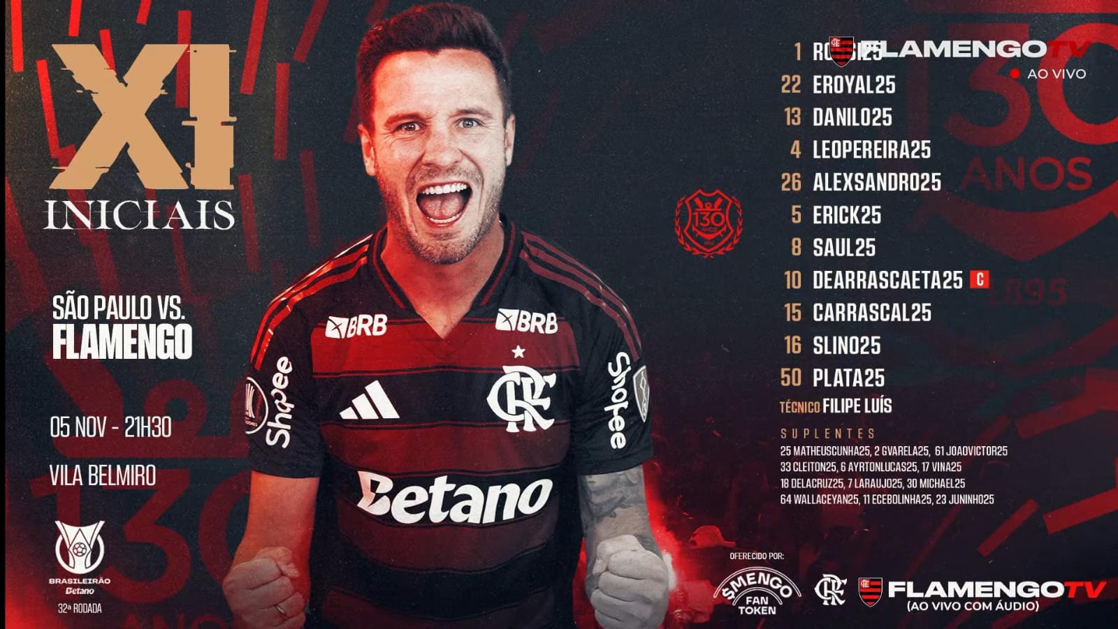 Flamengo divulga escalação para jogo com o São Paulo
