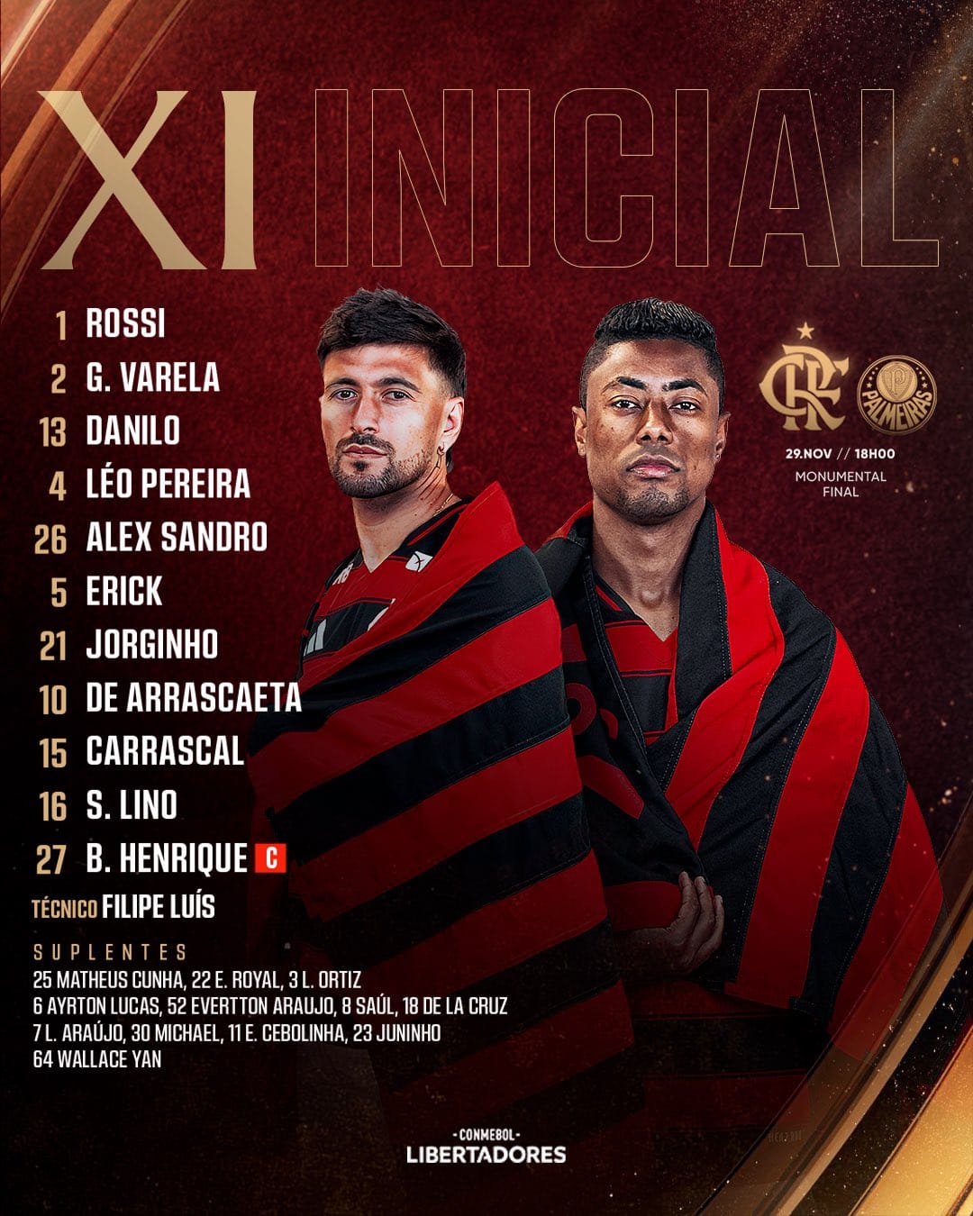 Flamengo divulga escalação para jogo contra Palmeiras