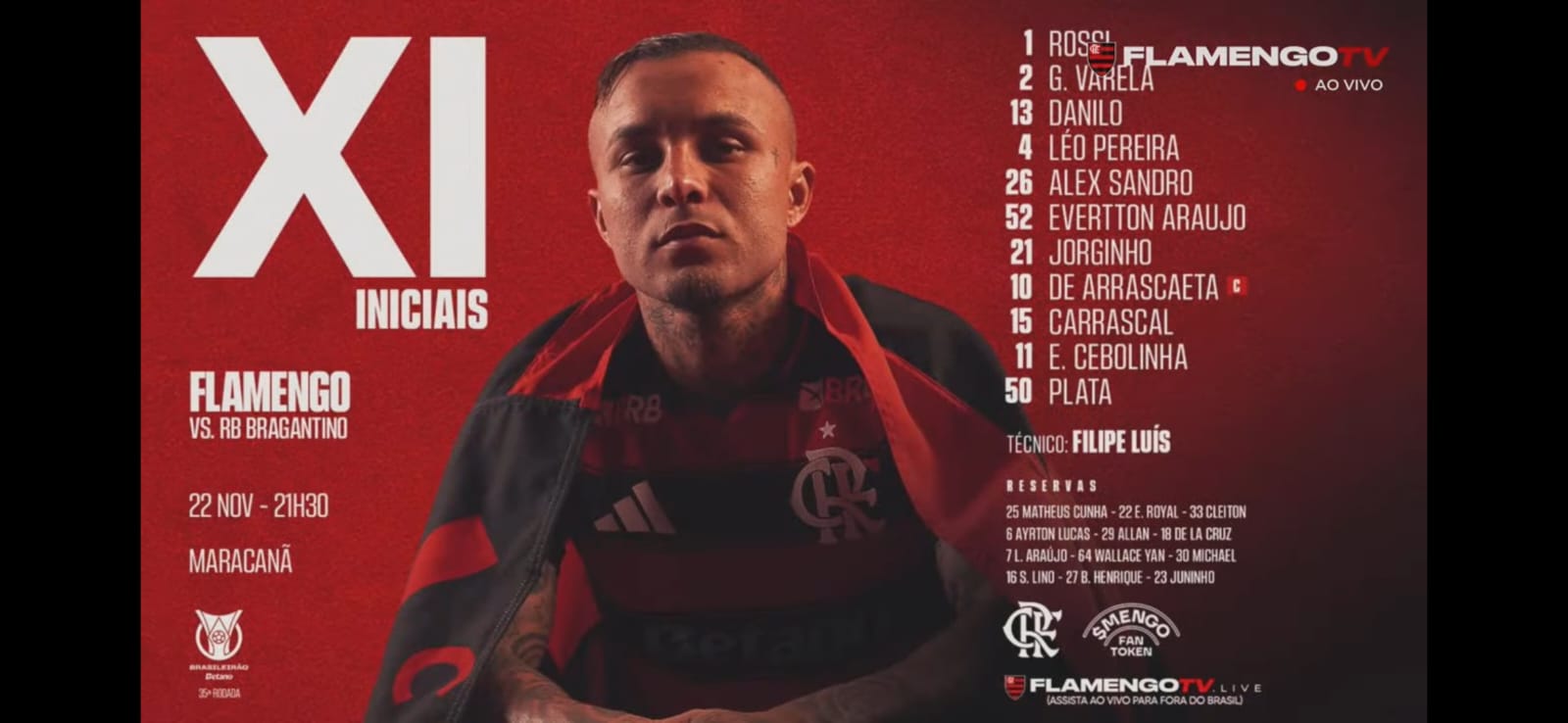 Flamengo divulga escalação para jogo contra o Bragantino