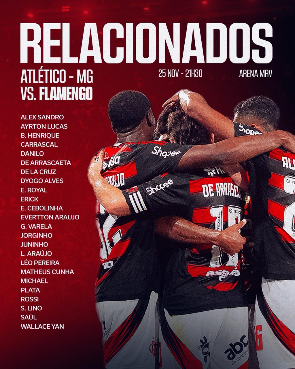 Flamengo divulga lista de relacionados para jogo contra o Atlético-MG