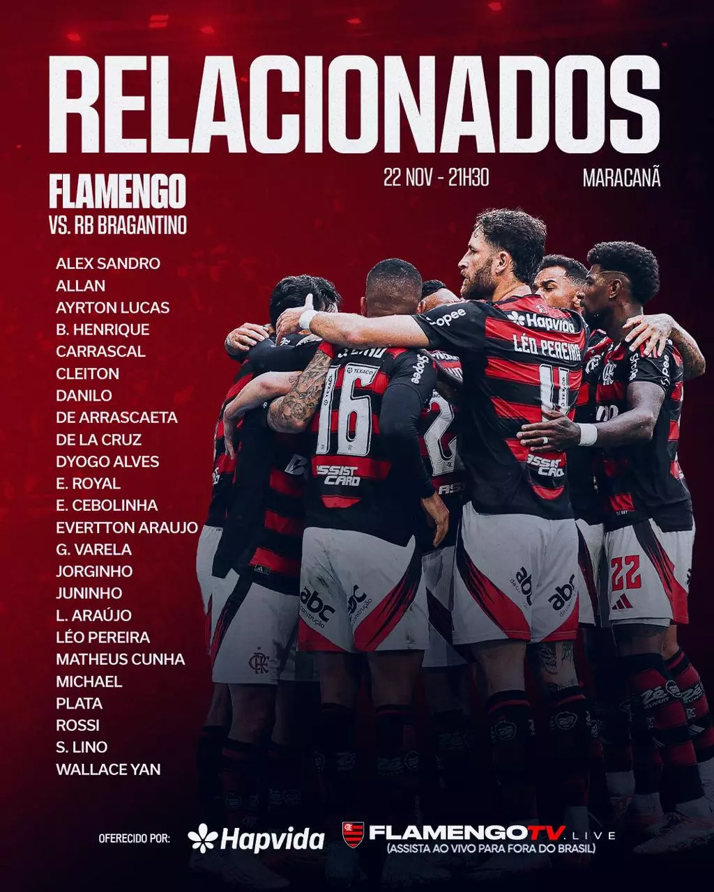 Ortiz vai para o jogo? Flamengo divulga lista de relacionados para jogo contra o RB Bragantino