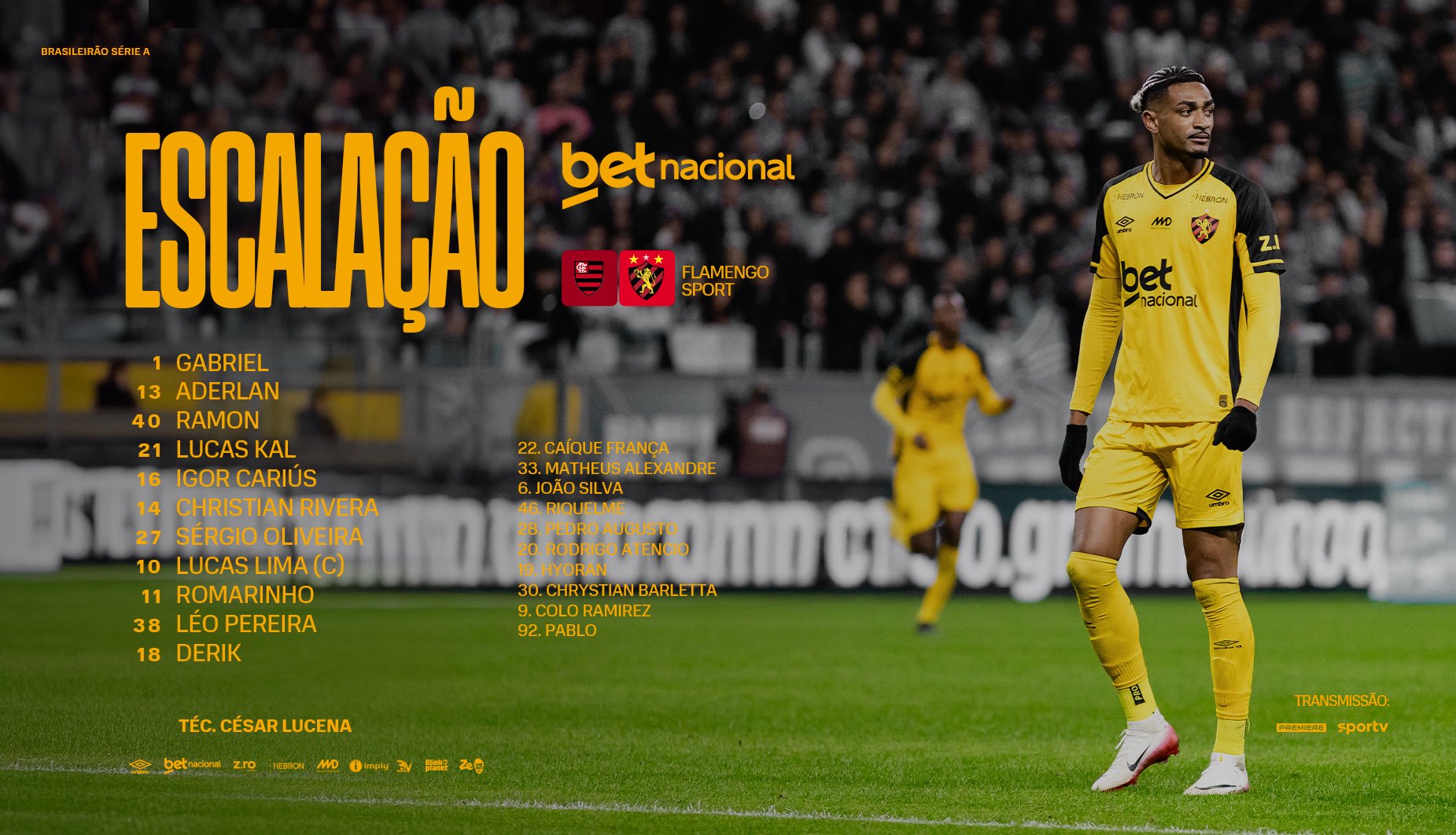 Sport divulga escalação para jogo contra o Flamengo