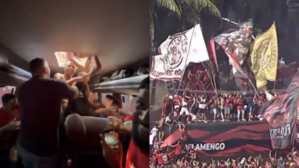 Torcedores invadem ônibus do Flamengo durante AeroFla em embarque para a final da Libertadores