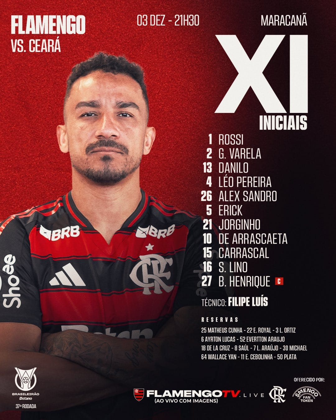Flamengo divulga escalação para jogo contra o Ceará