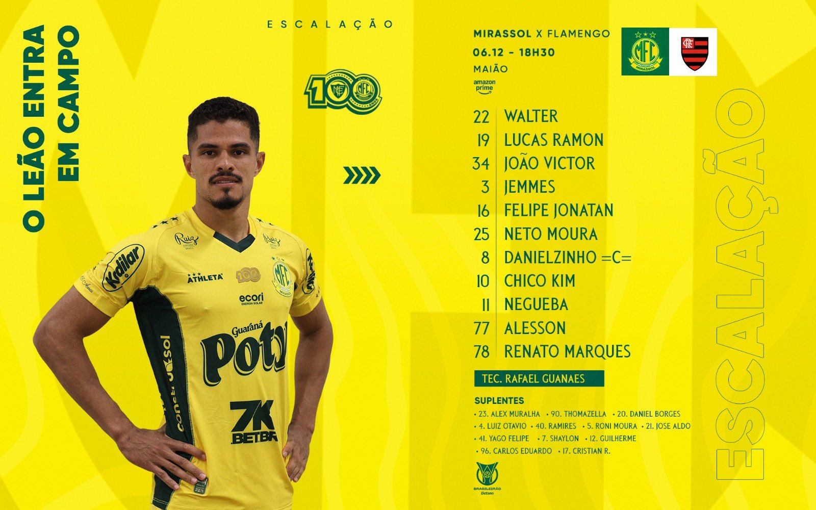 Mirassol divulga escalação para jogo contra o Flamengo