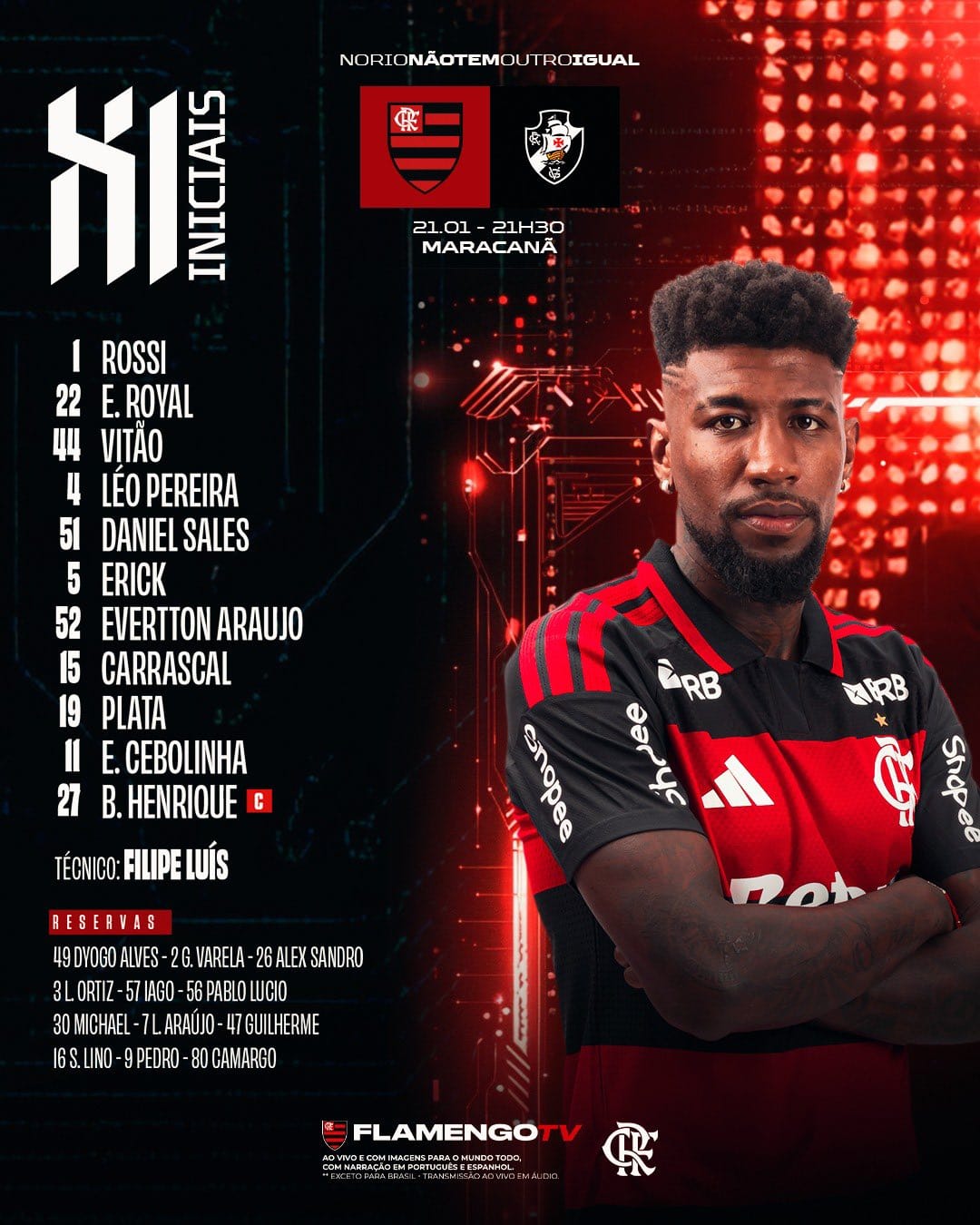 Filipe Luís define escalação para jogo do Flamengo x Vasco