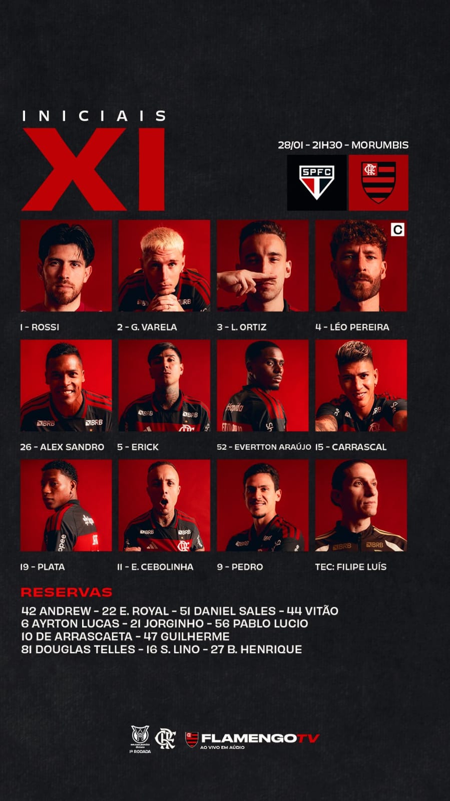 Flamengo divulga escalação para o jogo contra o São Paulo