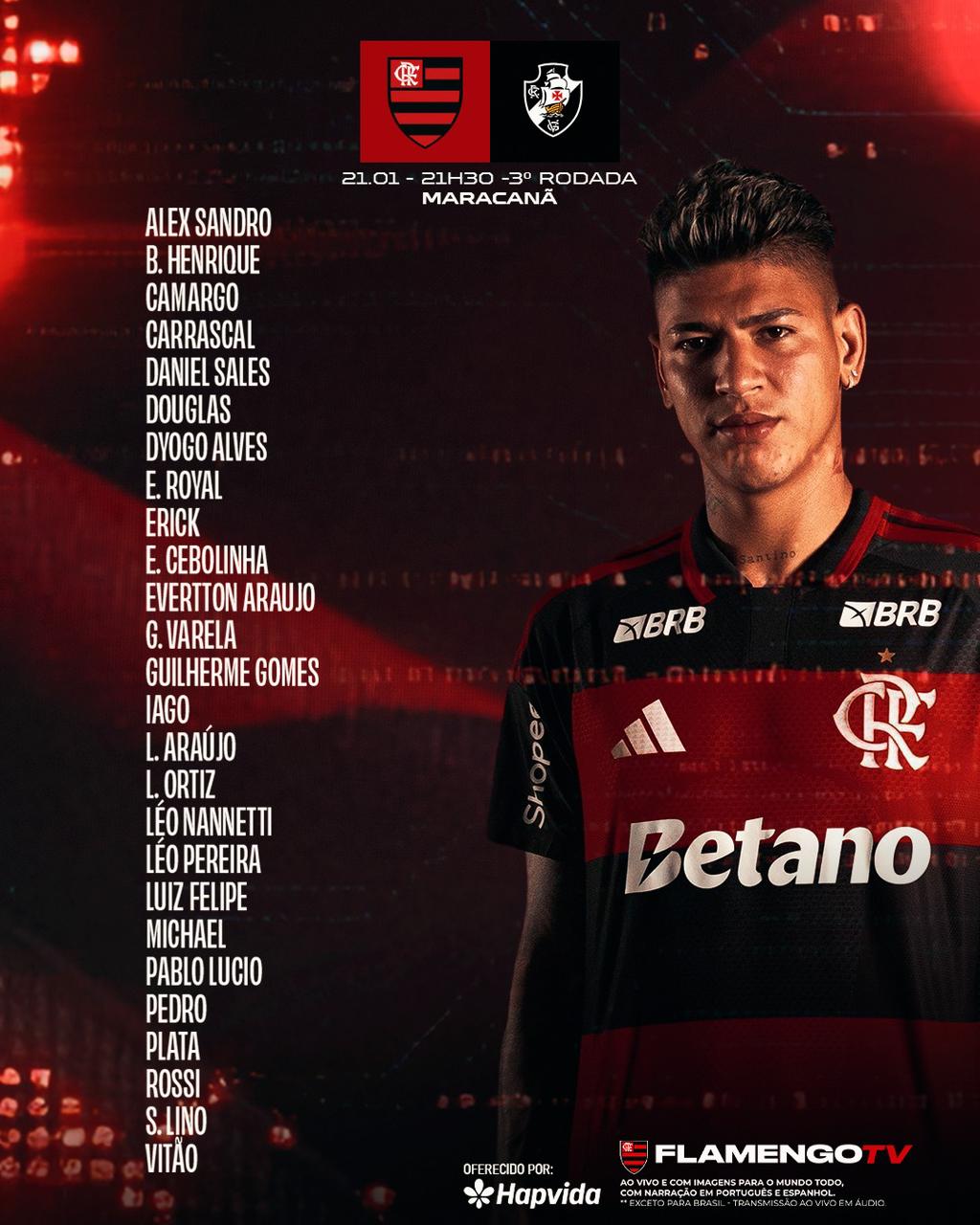 Flamengo divulga relacionados para jogo contra o Vasco