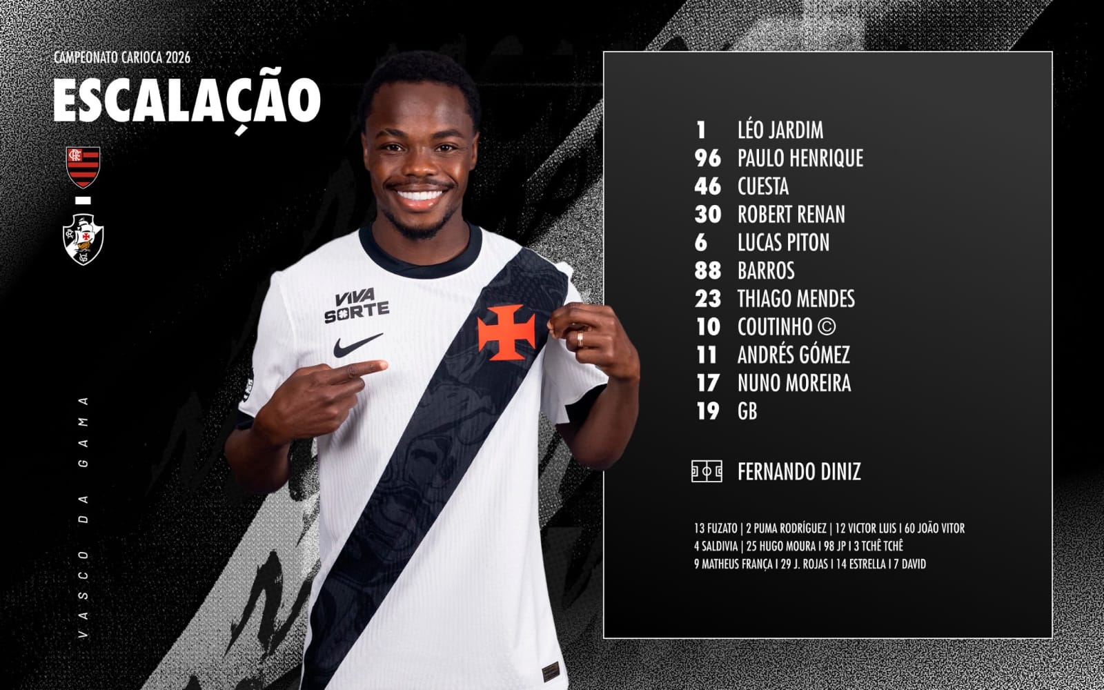Vasco divulga escalação para jogo contra o Flamengo