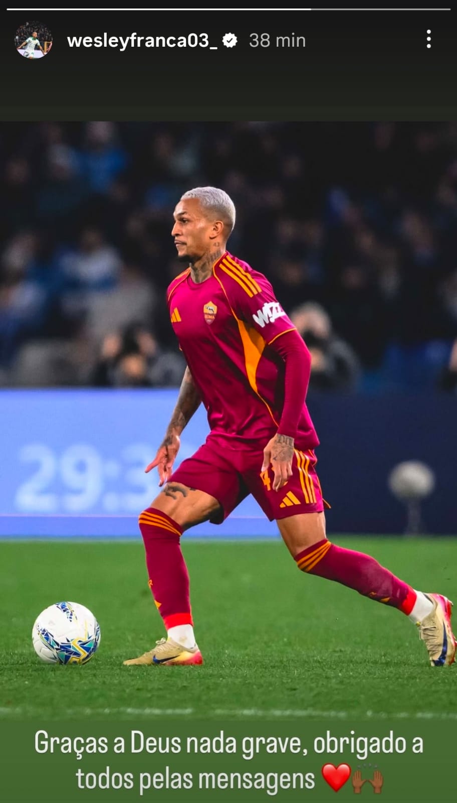 Ex-Flamengo, Wesley sofre lesão e manda recado aos torcedores da Roma