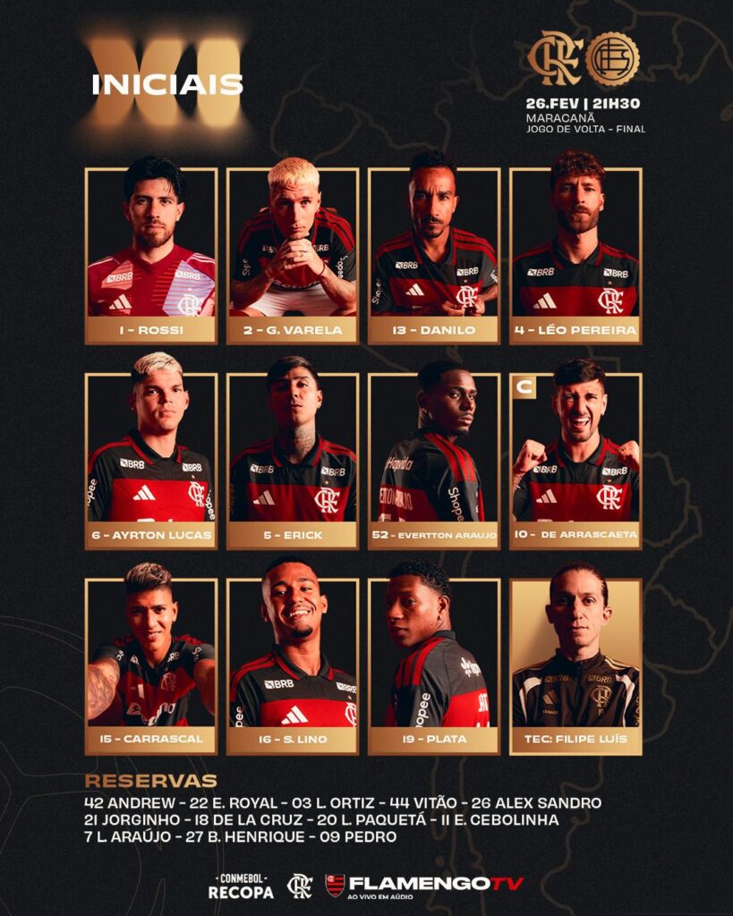 SAIU! Sem Paquetá, Filipe Luís define escalação para jogo do Flamengo x Lanús, pela Recopa