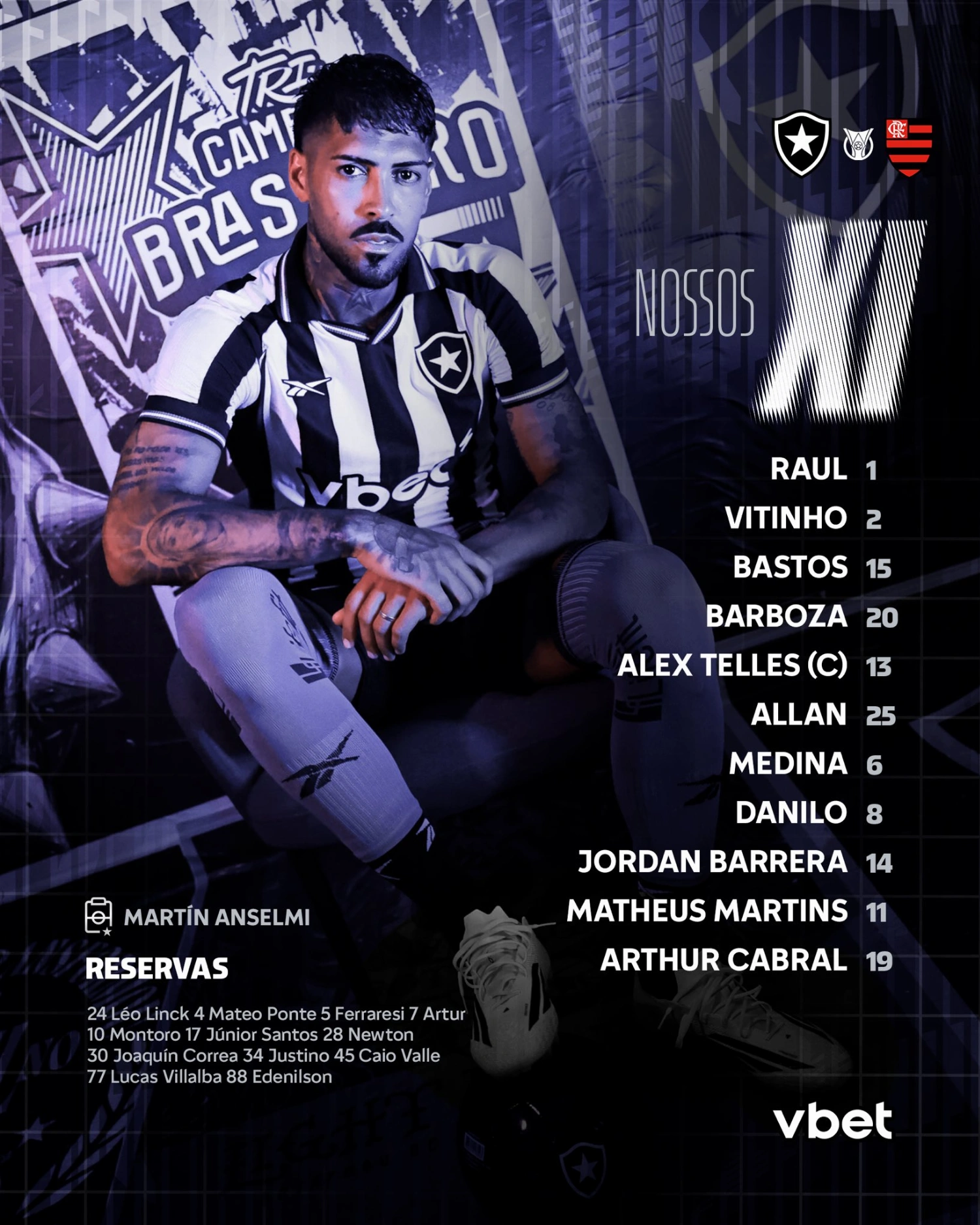 Botafogo divulga escalação para jogo contra o Flamengo