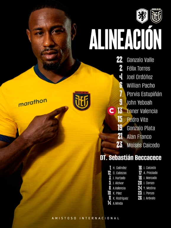 Com Plata, Equador divulga escalação para jogo contra a Holanda