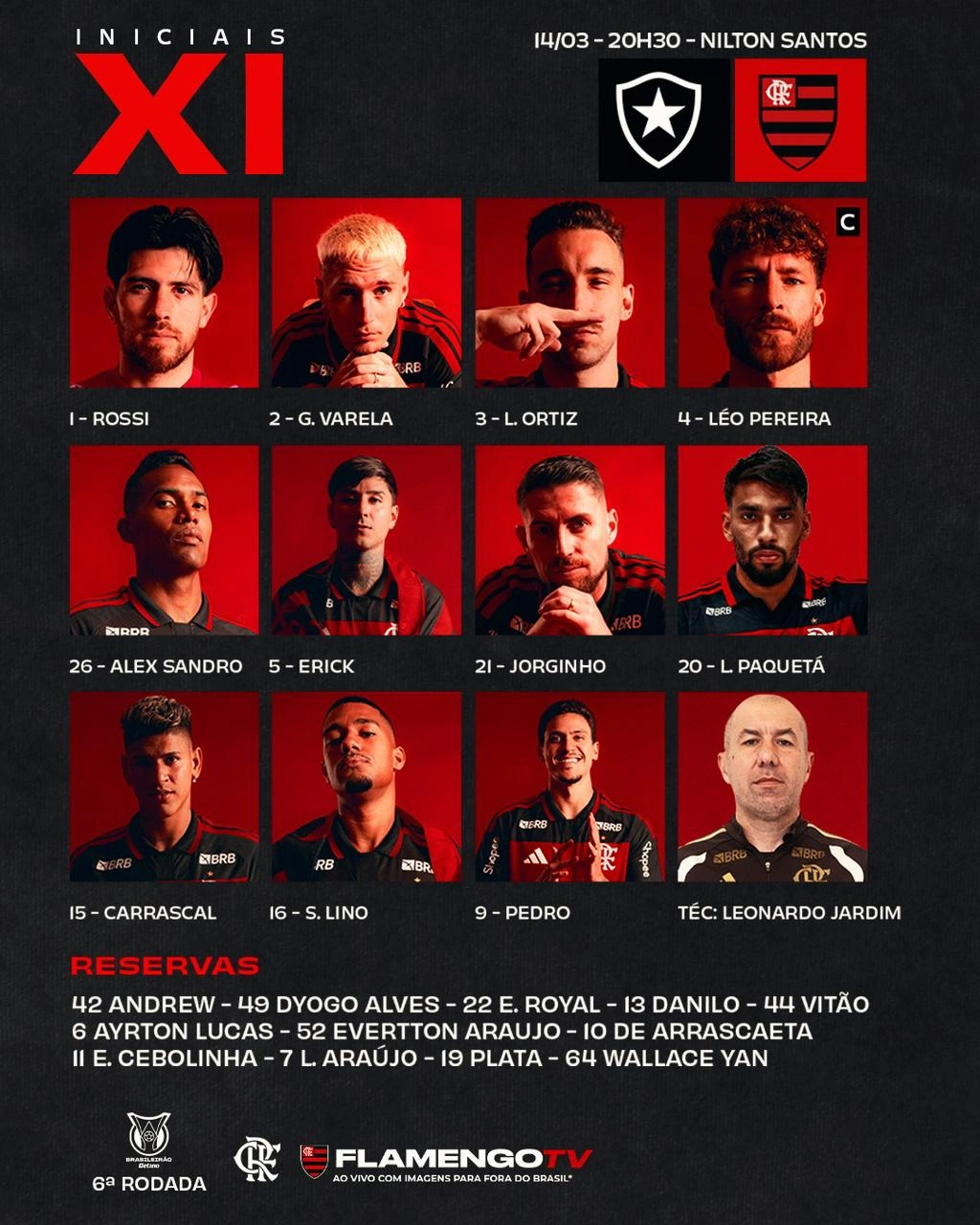 Flamengo divulga escalação para jogo contra o Botafogo