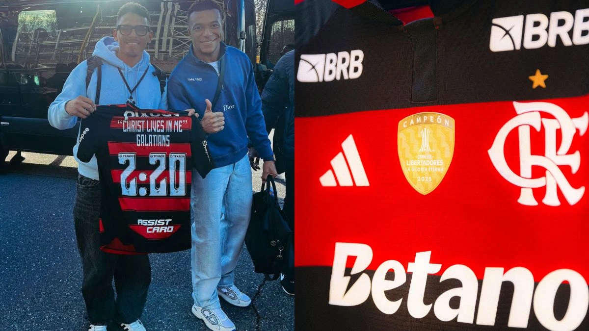 Mbappé tira foto com a camisa do Flamengo após vitória da França
