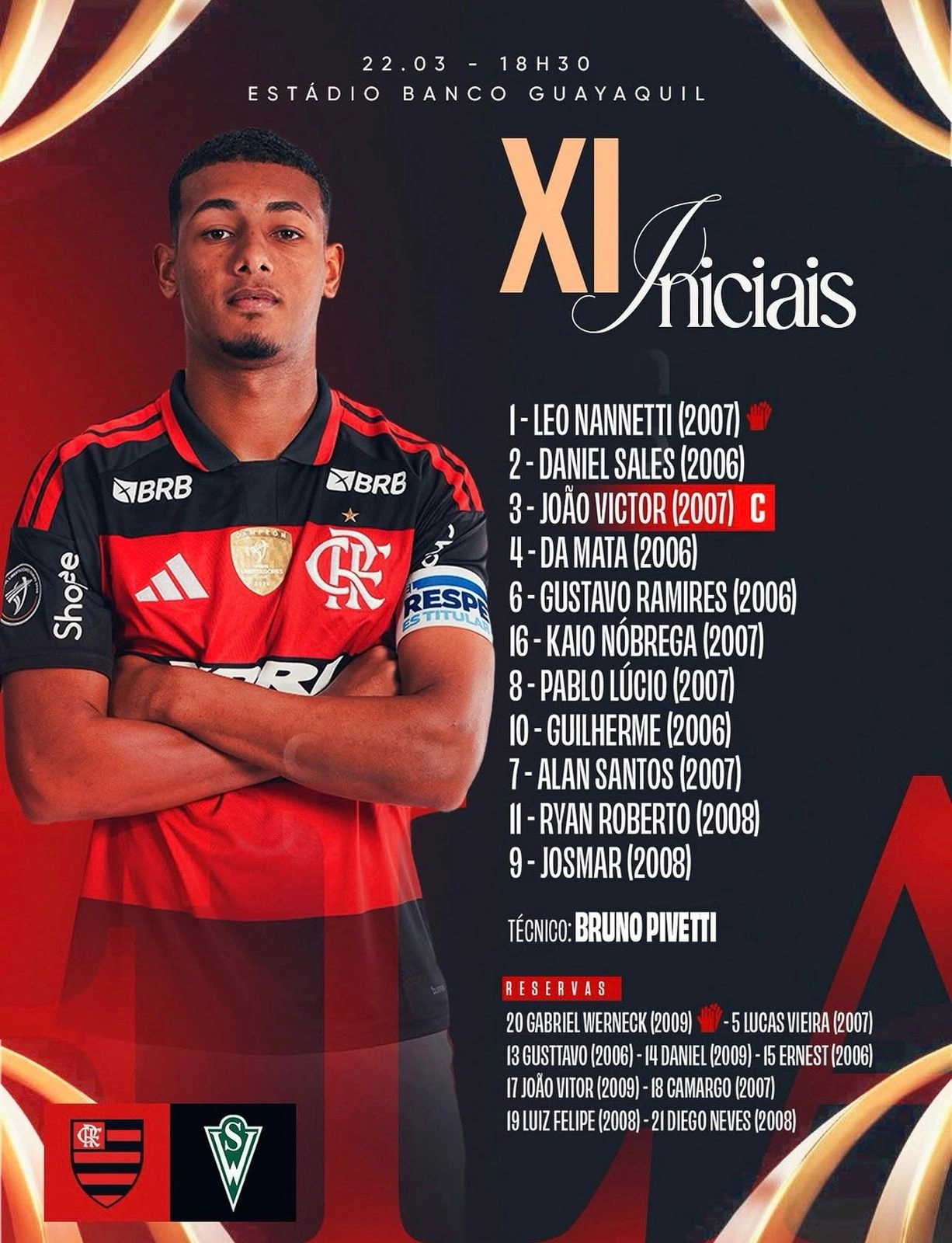 SAIU! Com Ryan Roberto, Flamengo divulga escalação para final da Libertadores Sub-20 contra Santiago Wanderers