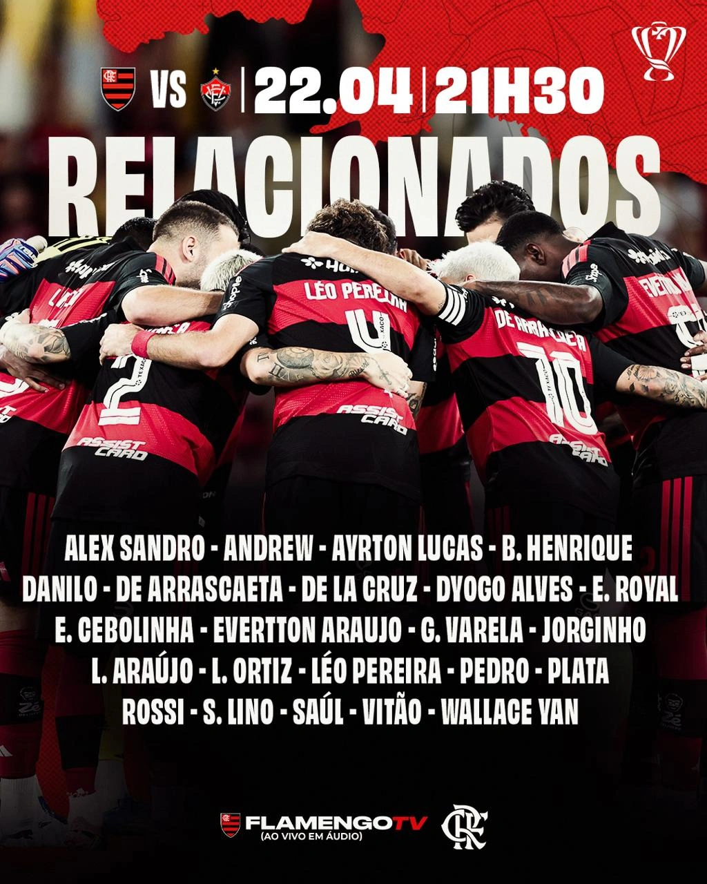 Com 3 desfalques, Flamengo divulga lista de relacionados para jogo contra o Vitória, pela Copa do Brasil