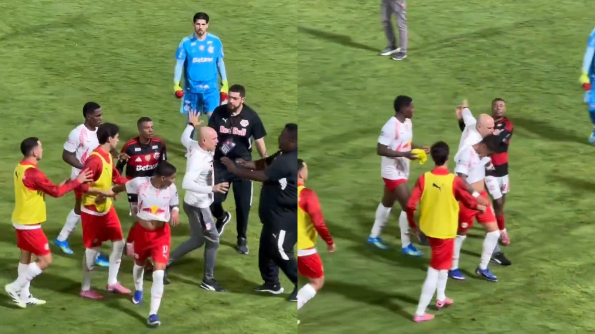Auxiliar do Bragantino tenta agredir De La Cruz após jogo do Flamengo; veja vídeo