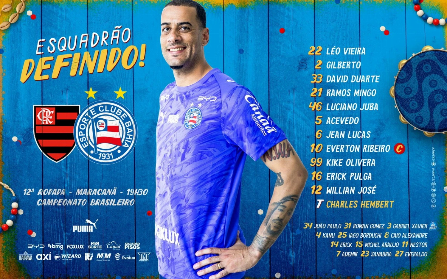 Bahia define escalação para jogo contra o Flamengo, pelo Brasileirão