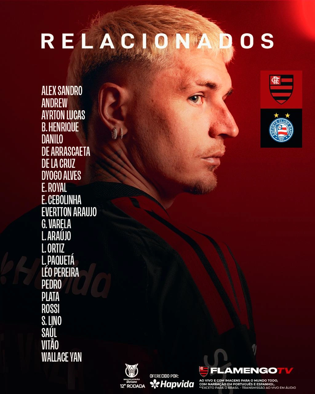 Com 3 desfalques, Flamengo divulga lista de relacionados para jogo contra o Bahia, pelo Brasileirão
