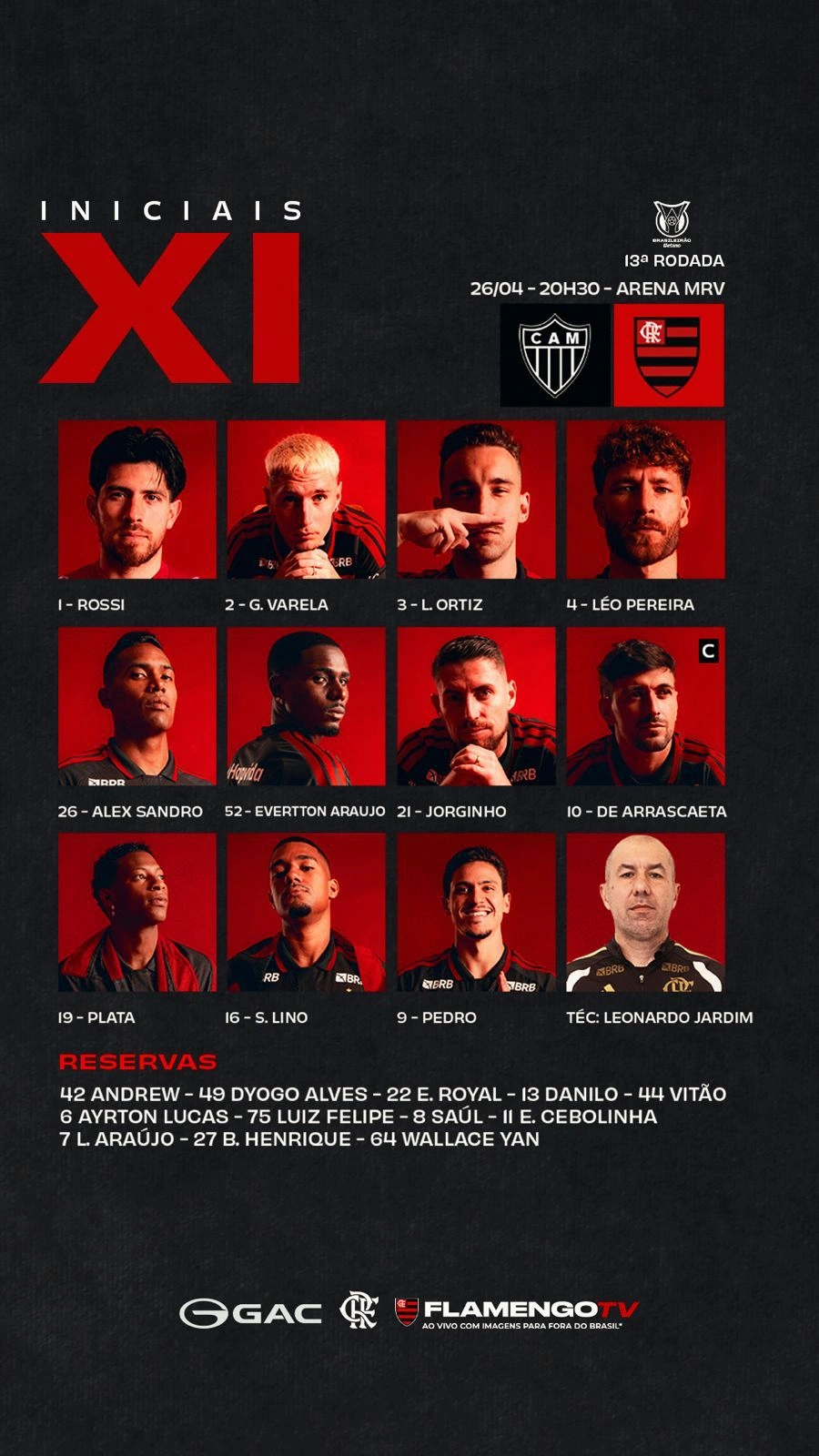 Flamengo divulga escalação para jogo contra o Atlético-MG