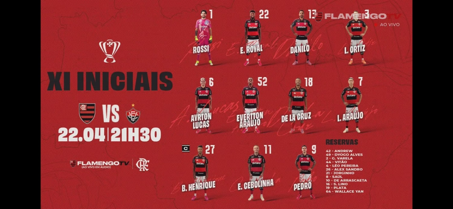 Flamengo divulga escalação para jogo contra o Vitória