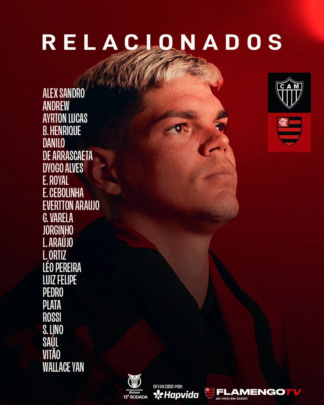 Flamengo divulga lista de relacionados para jogo contra o Atlético-MG