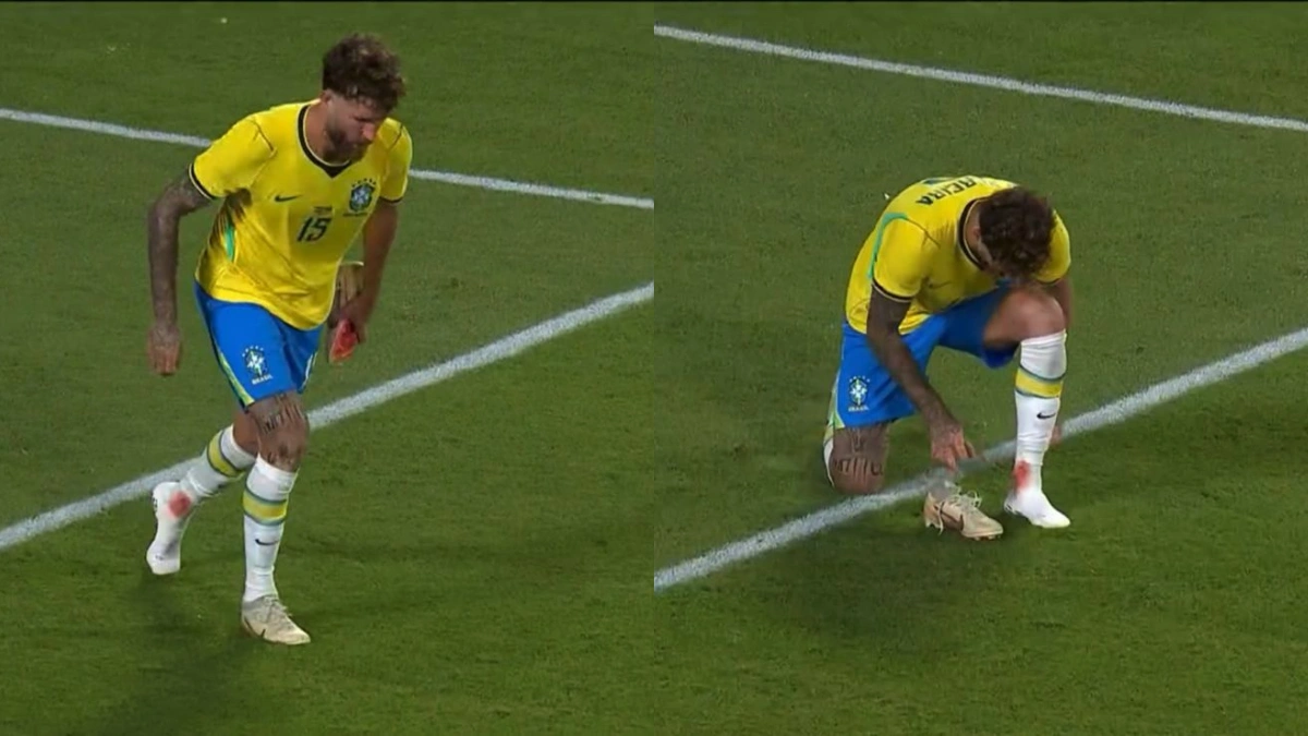 Léo Pereira vai para vestiário com tornozelo machucado em jogo do Brasil