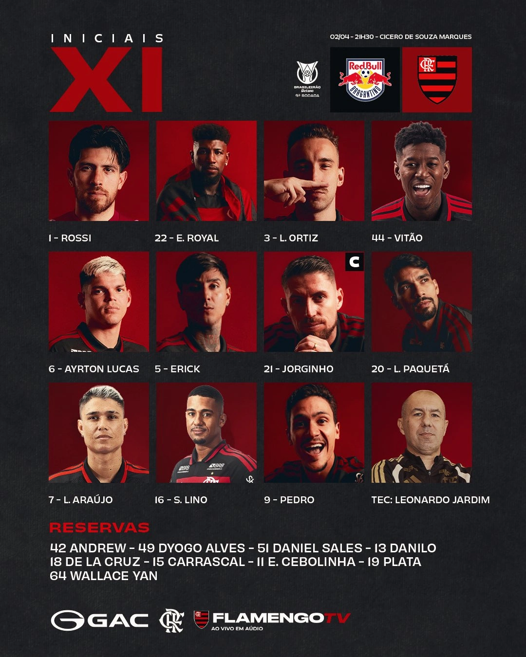 SAIU! Sem Arrascaeta, Flamengo divulga escalação para jogo contra o Bragantino