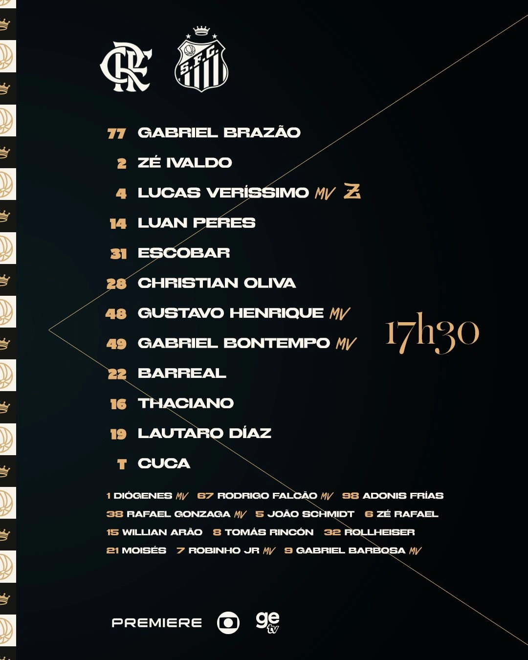 Santos divulga escalação para jogo contra o Flamengo