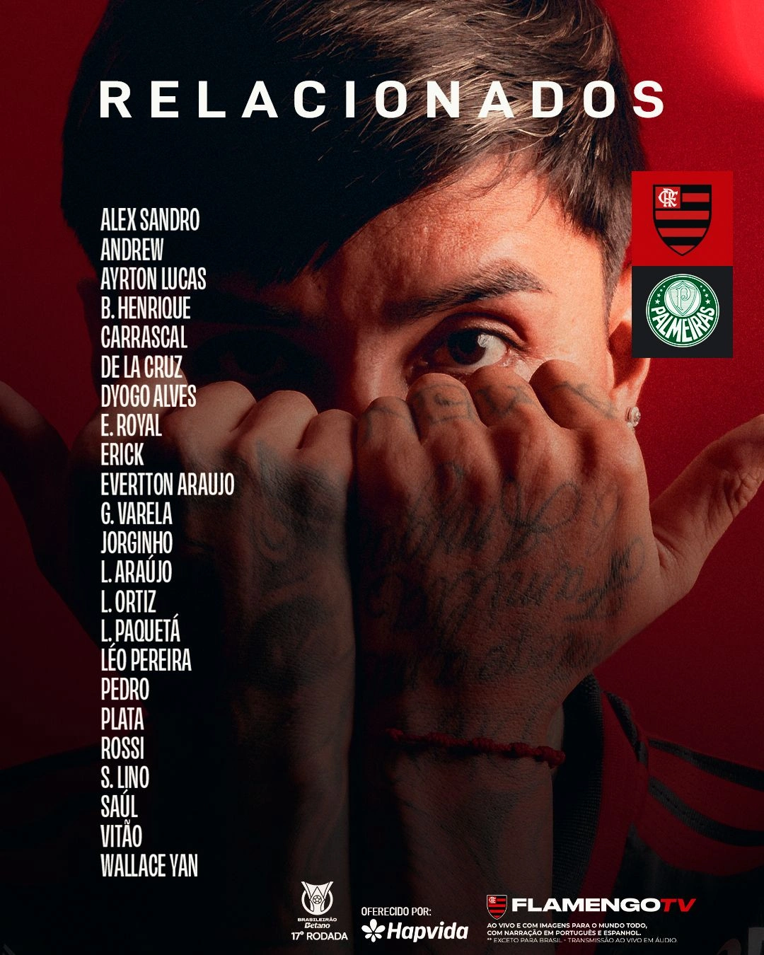 Com Plata e Pulgar, Flamengo divulga lista de relacionados para jogo contra o Palmeiras, pelo Brasileirão