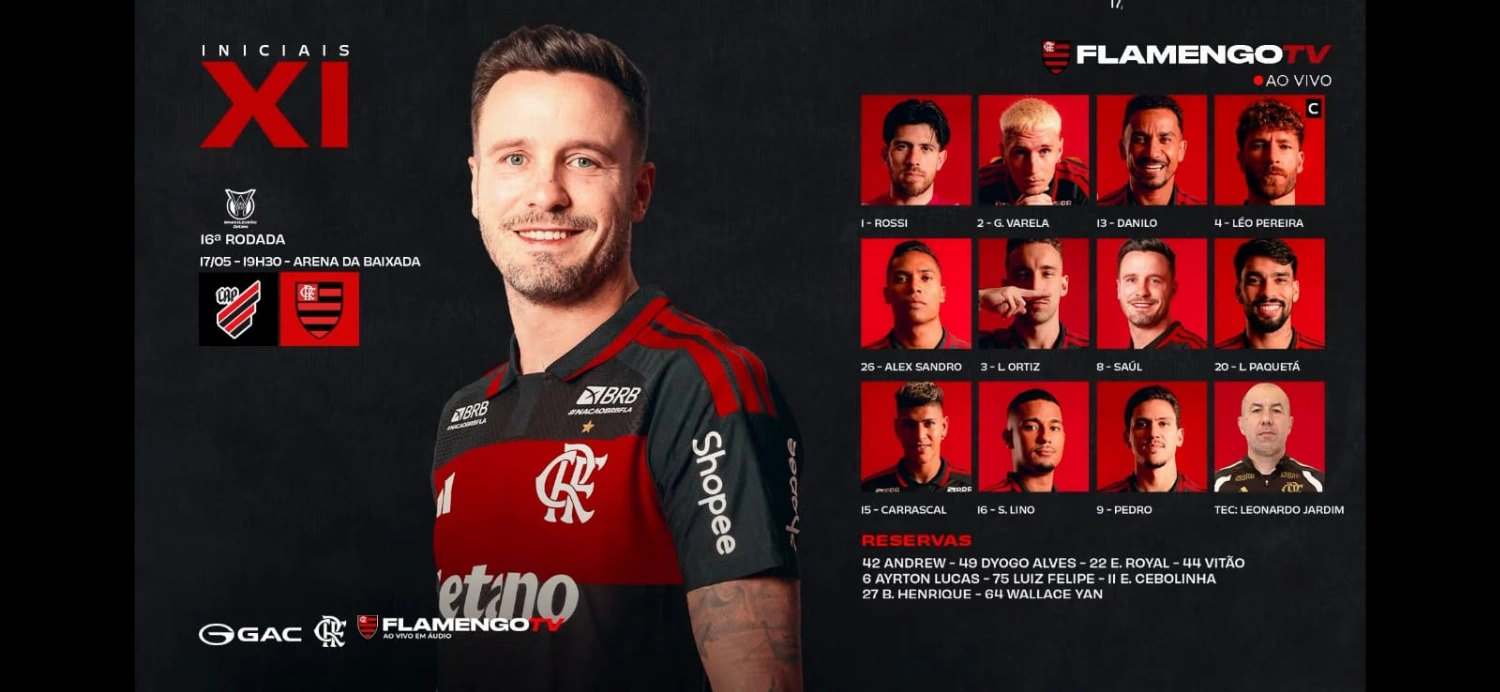 Flamengo divulga escalação para jogo contra o Athletico-PR