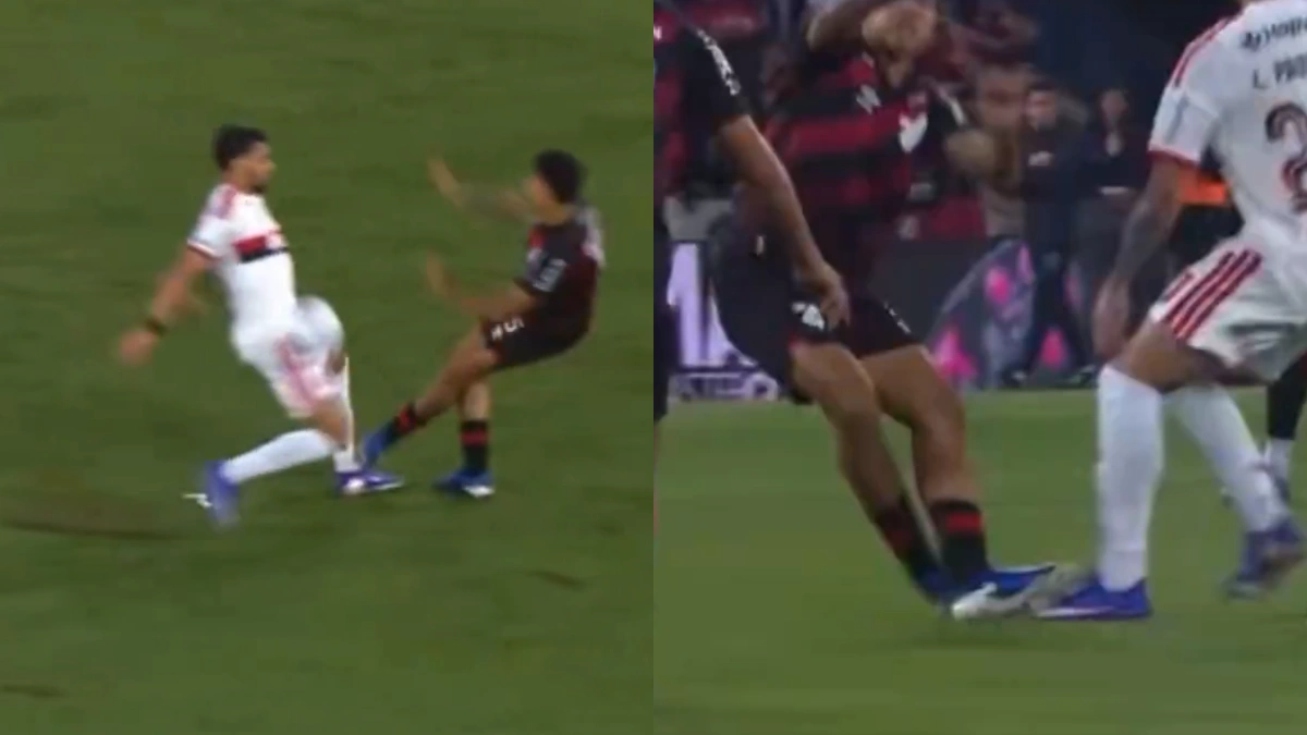 Jogador do Athletico-PR dá entrada criminosa em Paquetá e não é expulso em jogo do Flamengo; veja vídeo