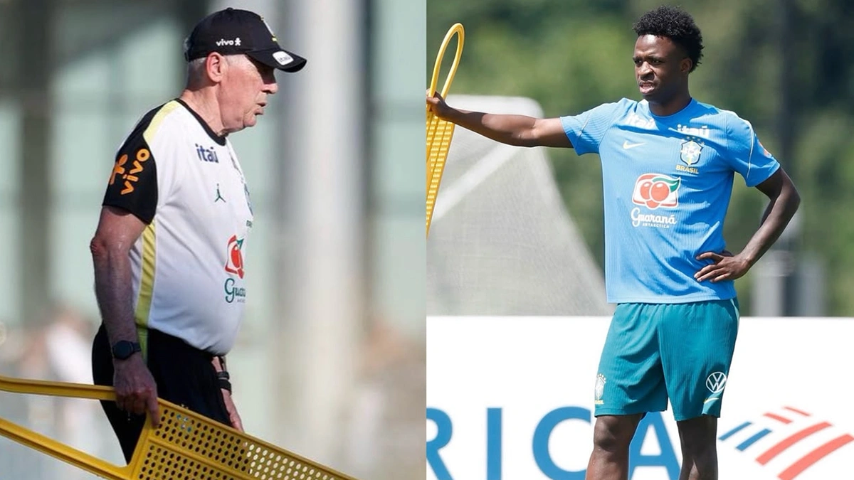 Vini Jr. e Ancelotti projetam jogo do Brasil x Marrocos em coletiva nesta sexta