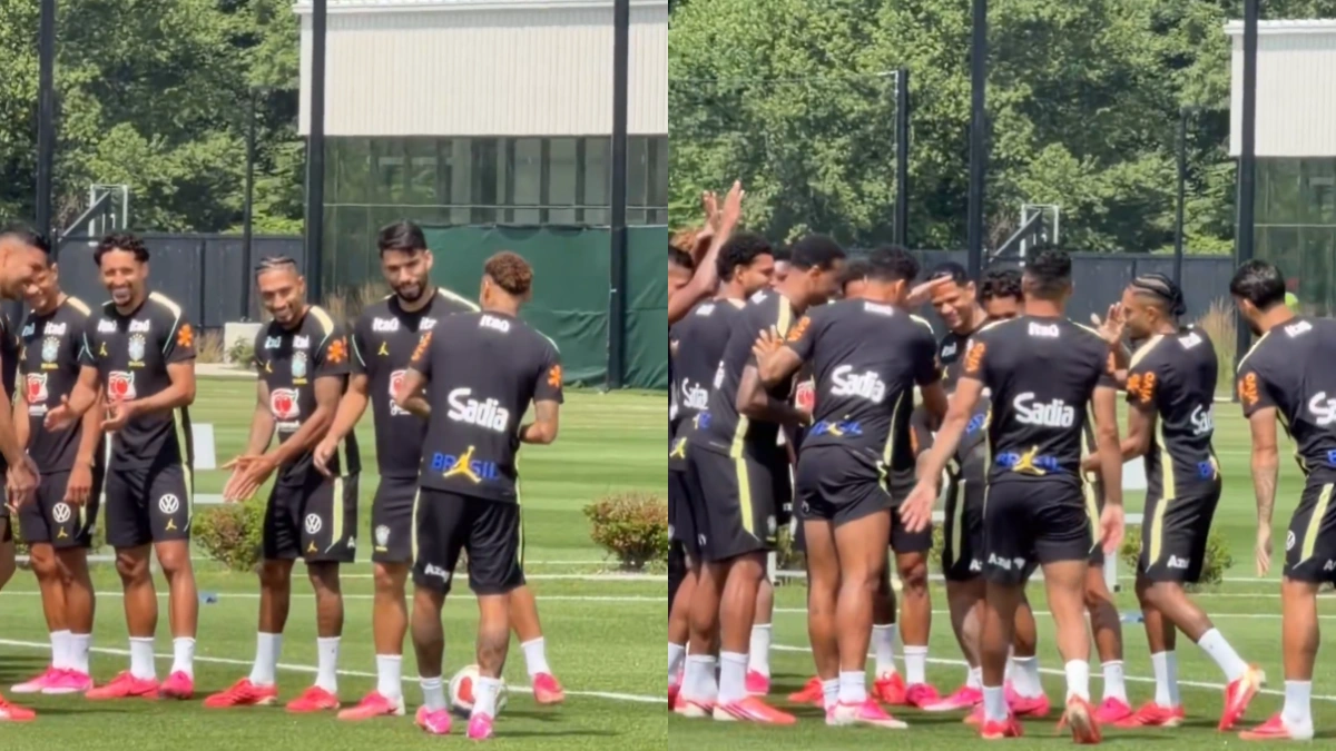 jogadores do Flamengo fazem trote com Neymar em treino da Seleção Brasileira