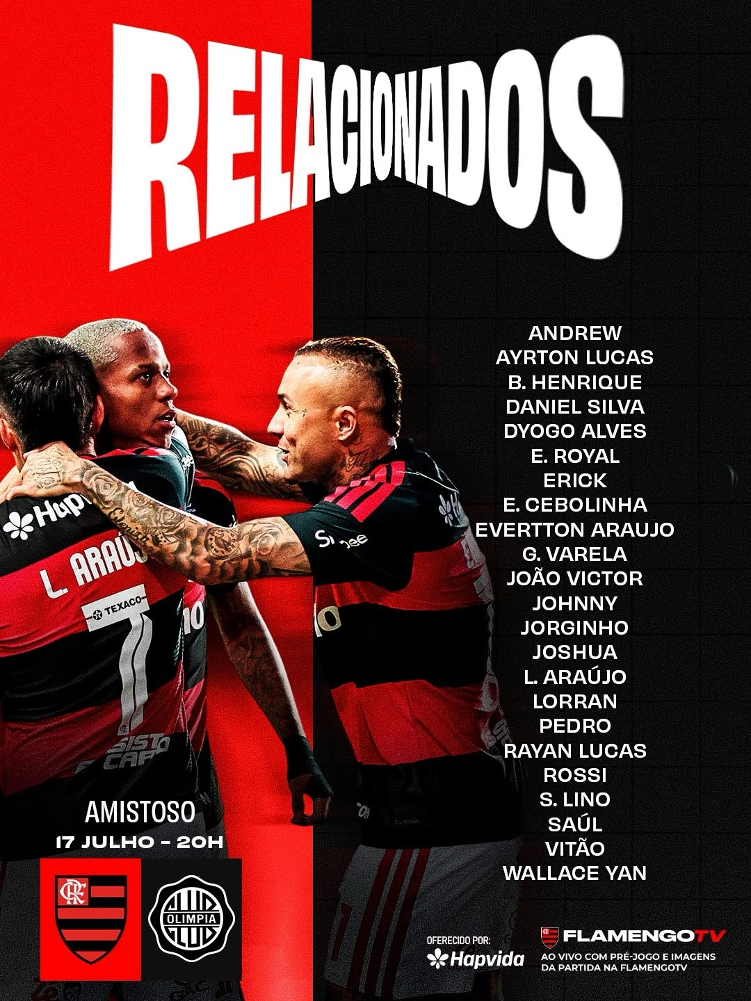 Flamengo divulga lista de relacionados para jogo contra o Olimpia