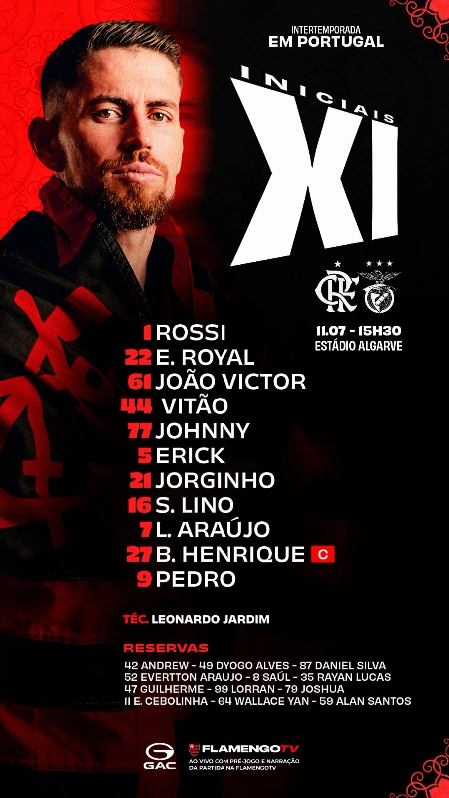 Flamengo e Benfica divulgam escalação para jogo de hoje
