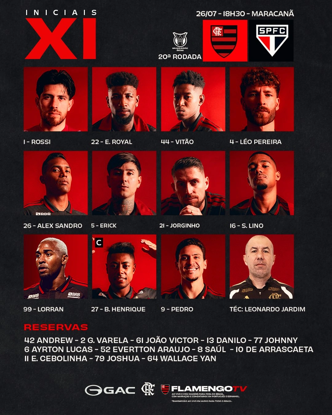 Flamengo e São Paulo divulgam escalação para jogo de hoje