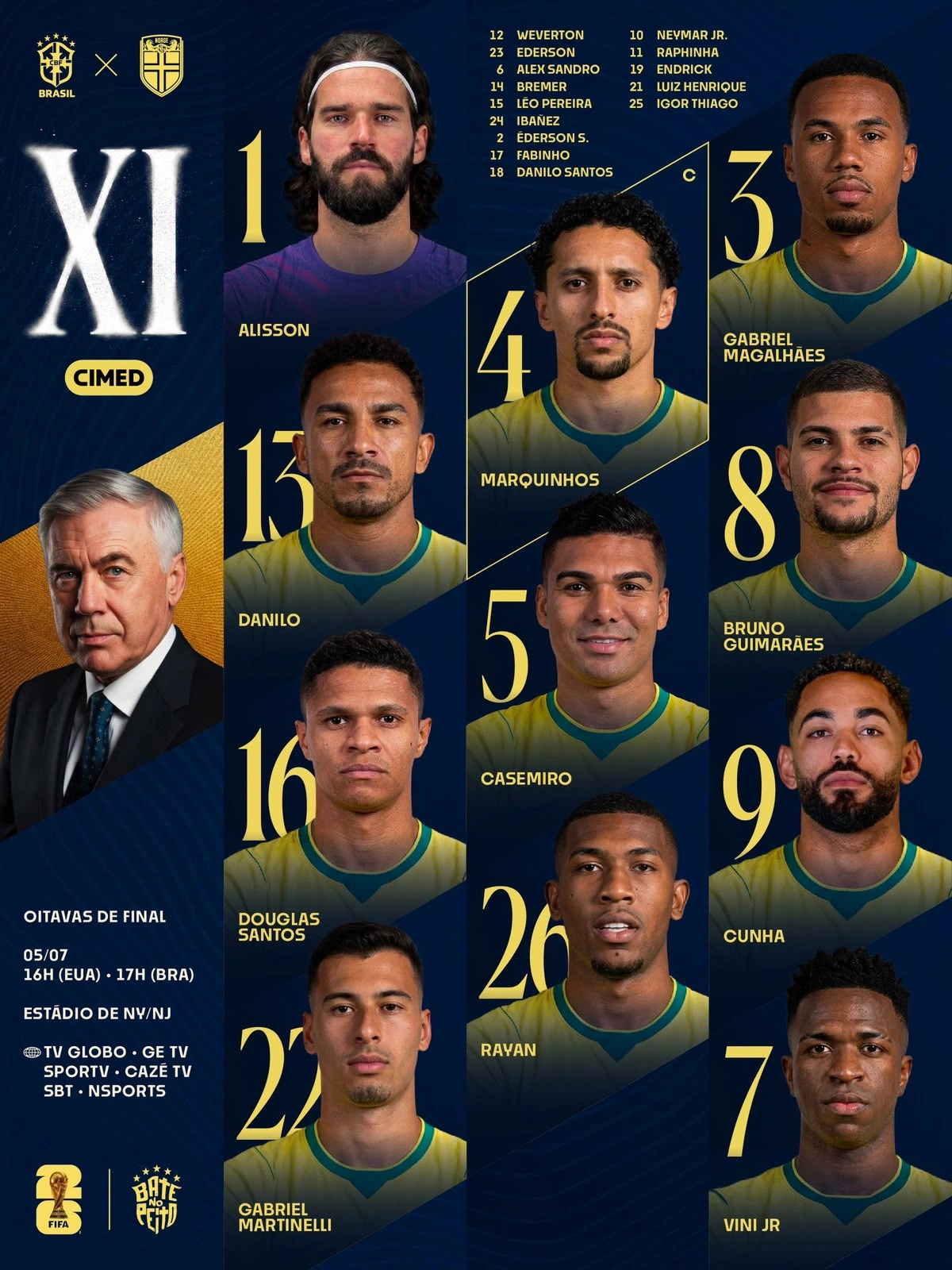 SAIU! Com 1 jogador do Flamengo, Ancelotti divulga escalação para jogo do Brasil x Noruega, pelas oitavas da Copa do Mundo
