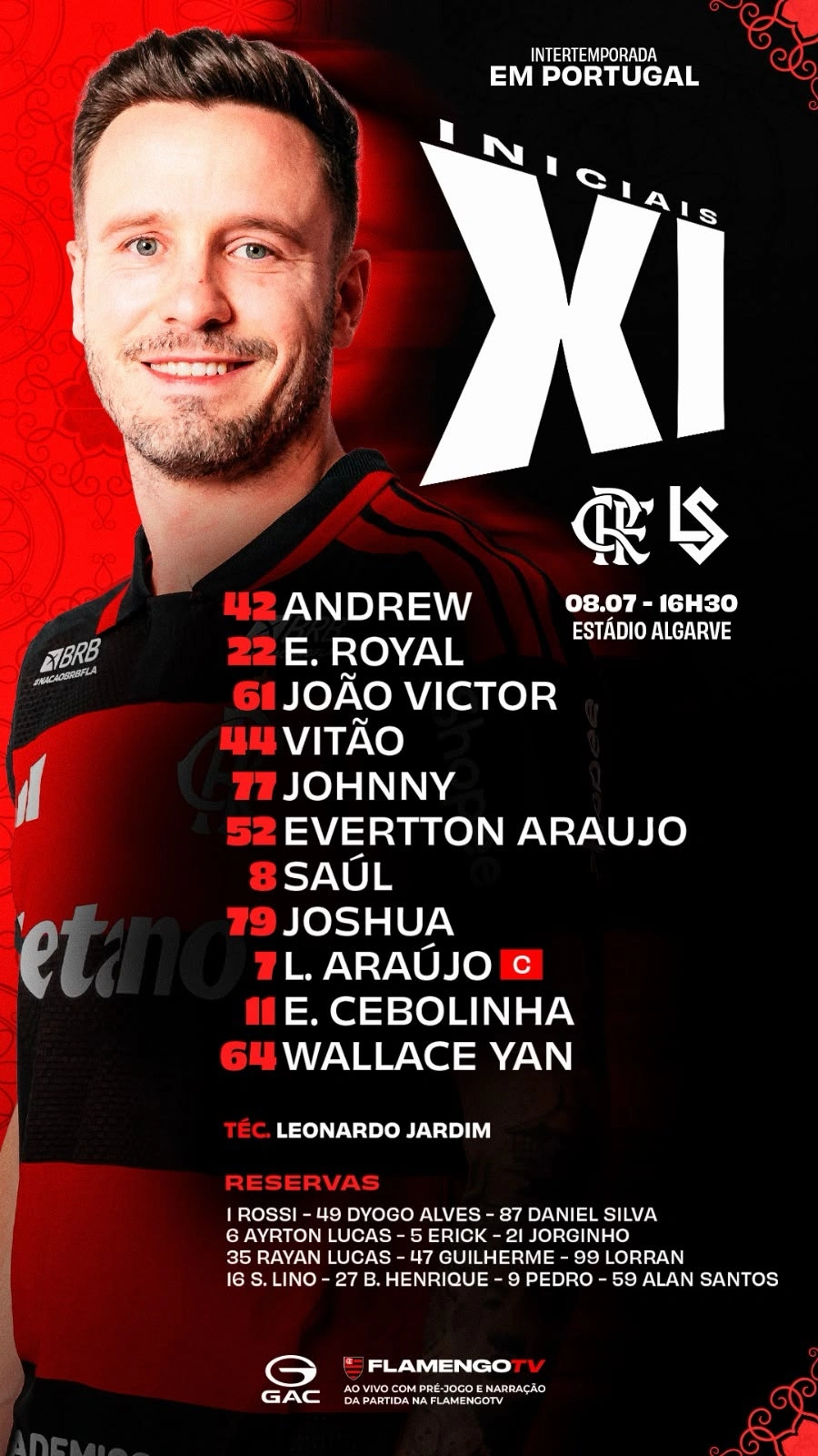 SAIU! Com Saúl e Wallace Yan, Flamengo divulga escalação para jogo contra o Lausanne Sport