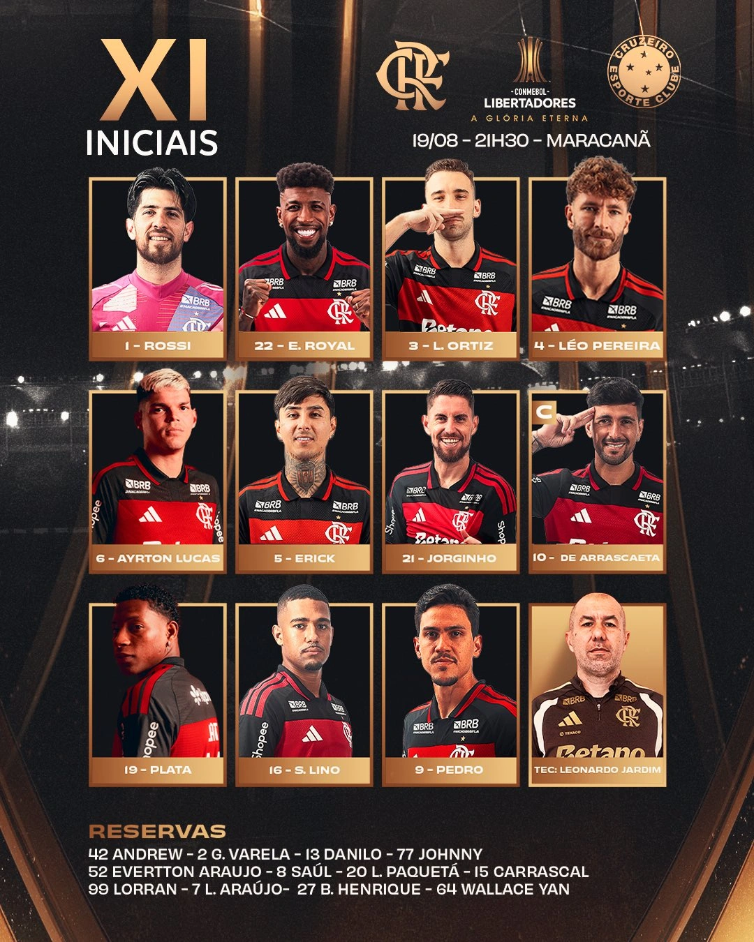 As escalações de Flamengo e Cruzeiro para jogo da Libertadores