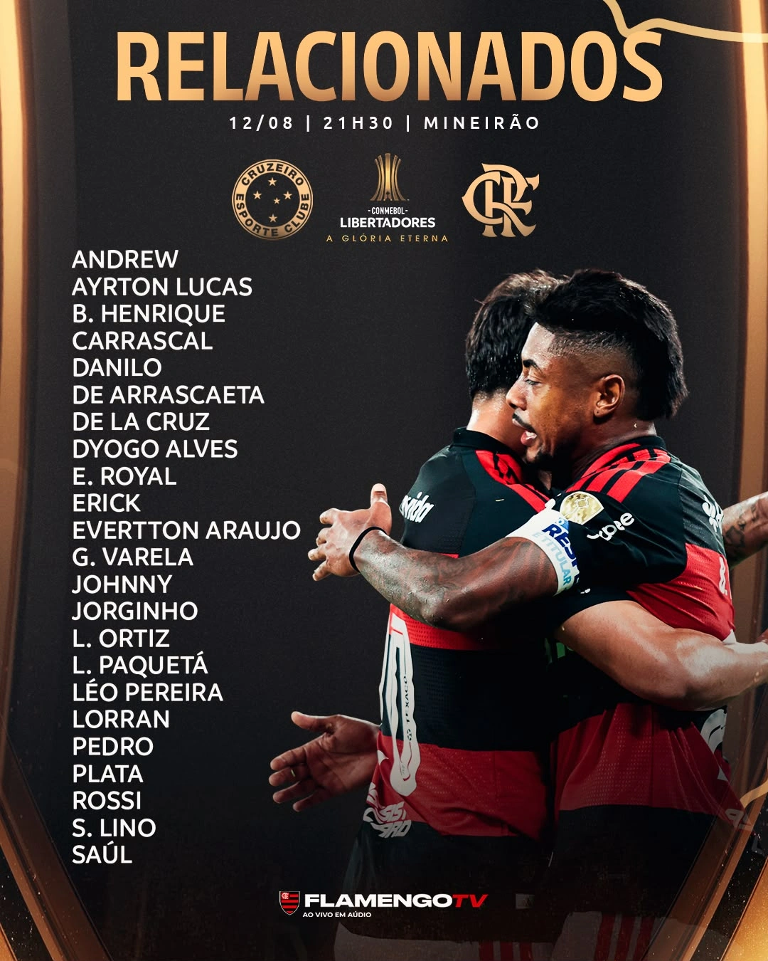 Com 4 desfalques, Flamengo divulga lista de relacionados para jogo contra o Cruzeiro, pela Libertadores