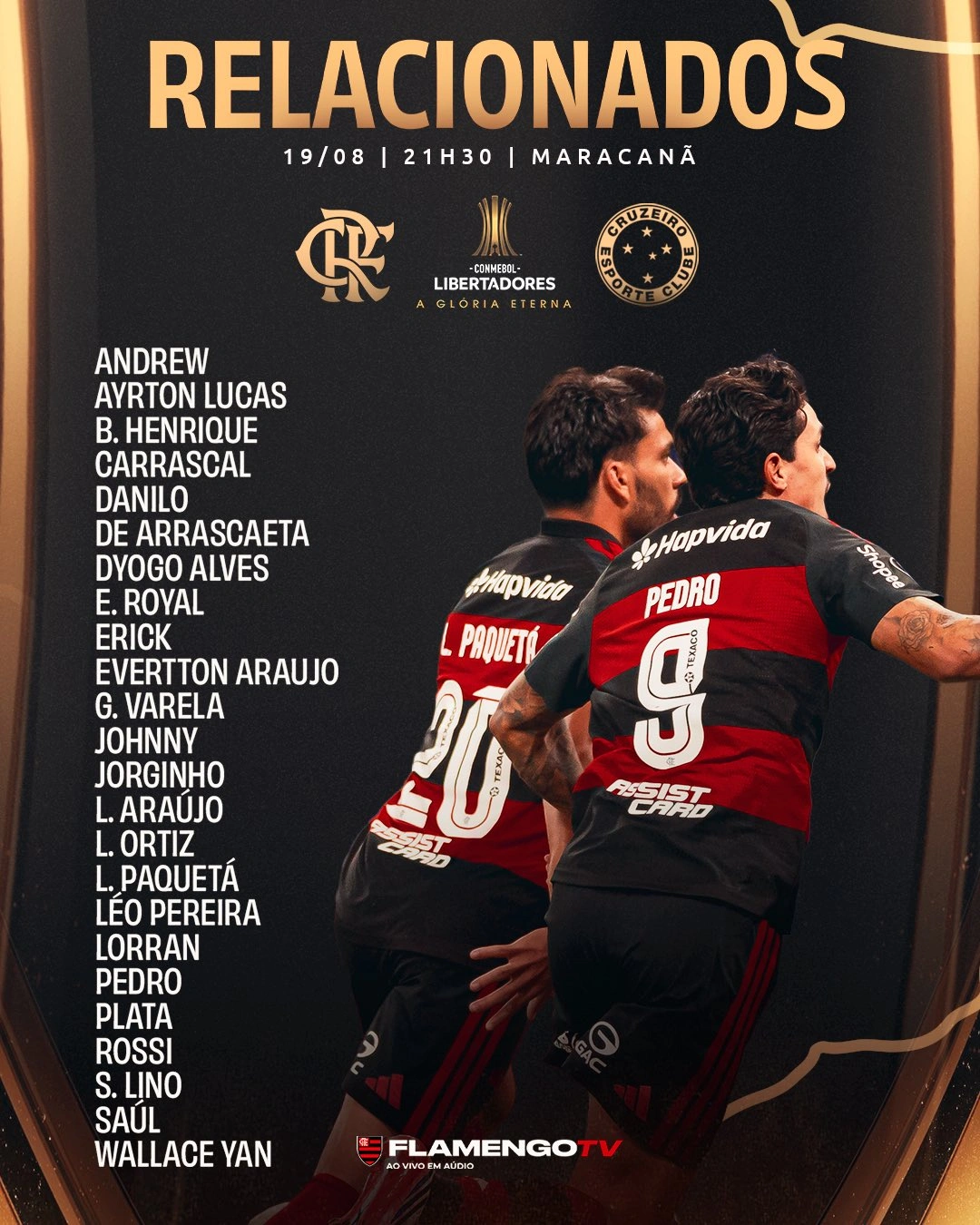 Flamengo divulga lista de relacionados para jogo contra o Cruzeiro